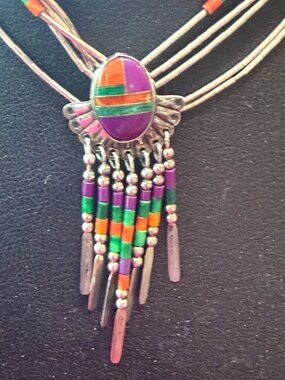 Vintage Zuni Inlay Liquid Sterling Silver Beaded Necklace 20" Multicolor Danglin